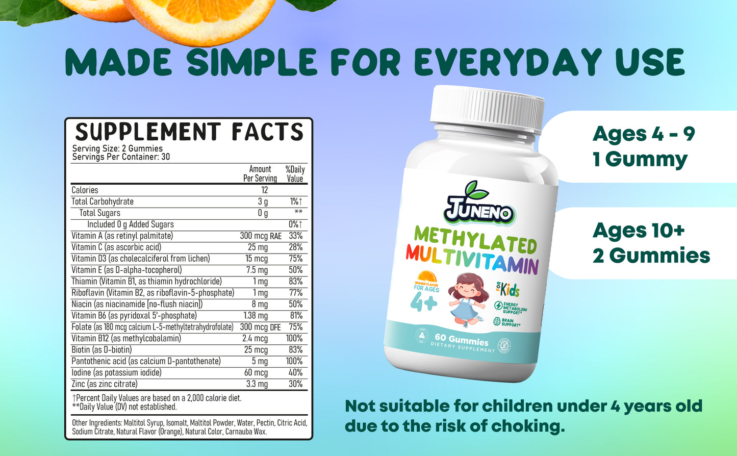 Juneno Methylated Multivitamin Gummies for Kids
